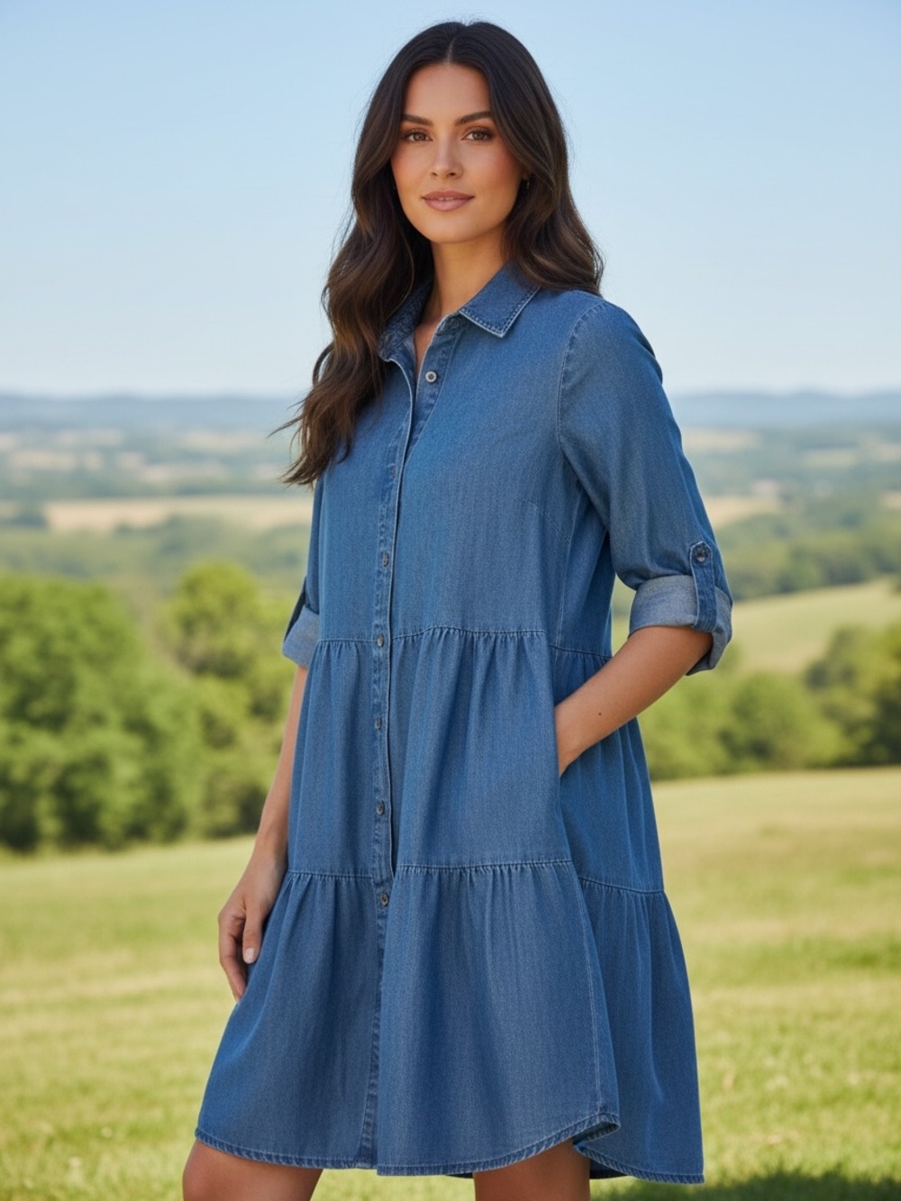 Kale Denim Casual Denim Shirt Dress in  Blue w/Pockets Large